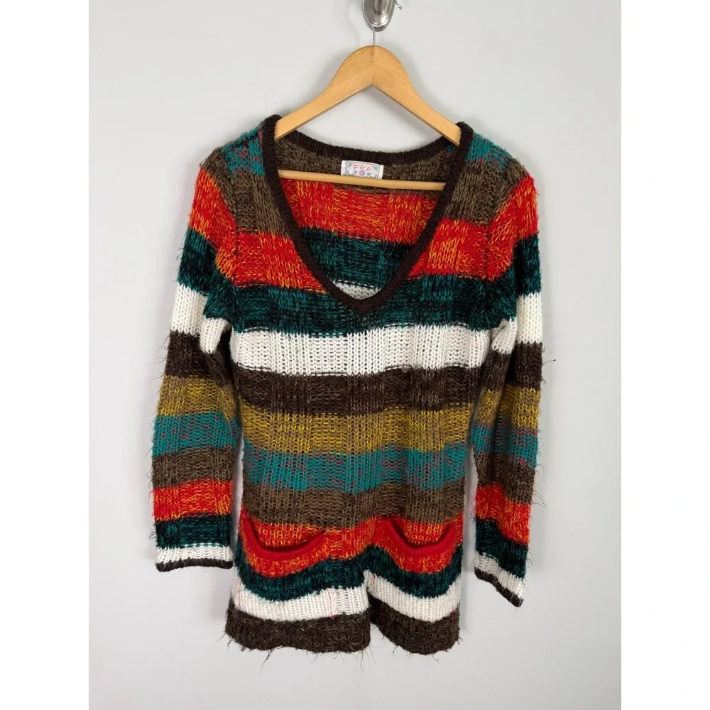 Vintage F&F‎ Long Sleeve Knitted Sweater Women's L Striped Brown Y2K Earthy
